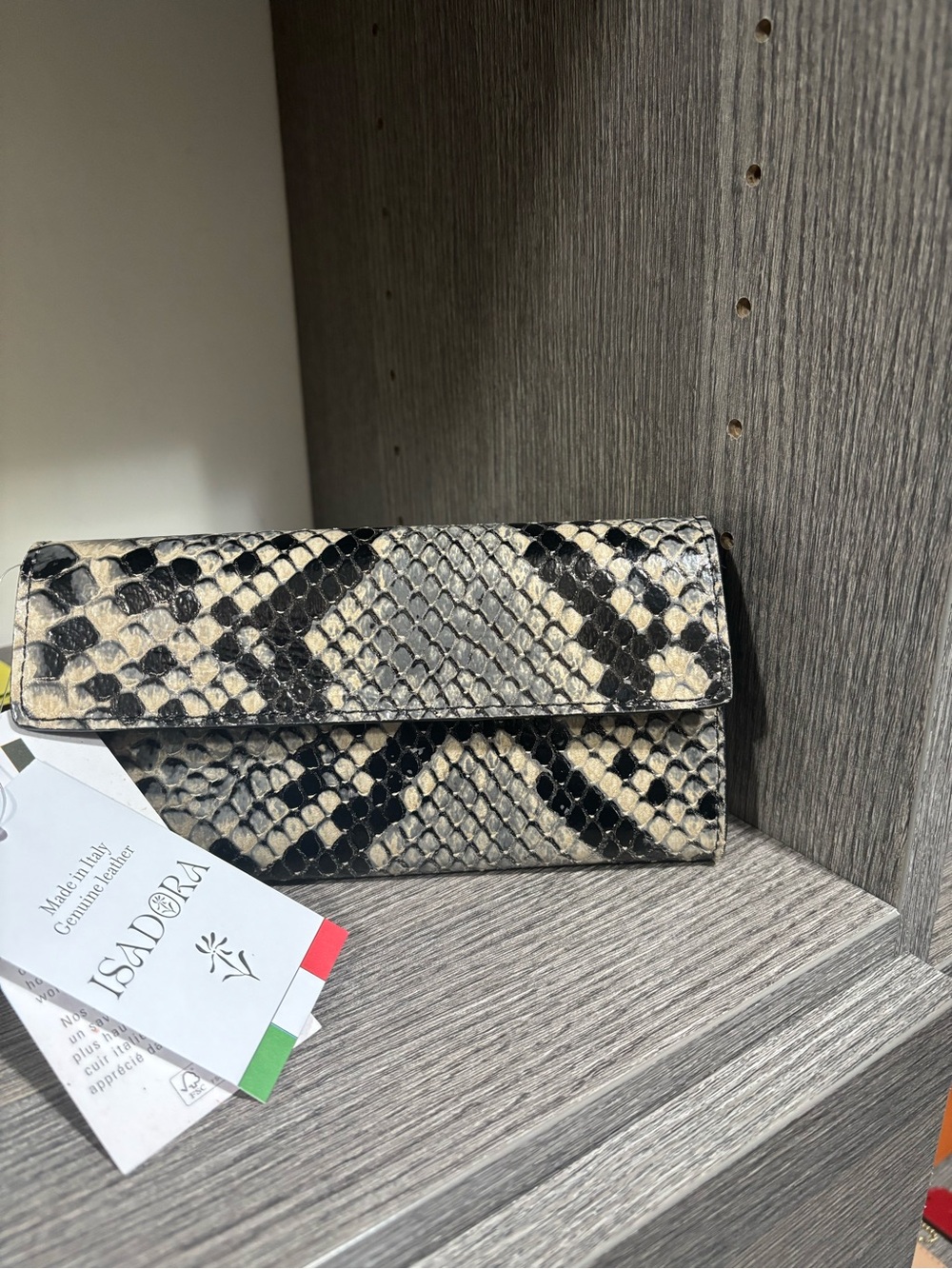 Python-Print Leather Wallet Clutch in Black and Cream